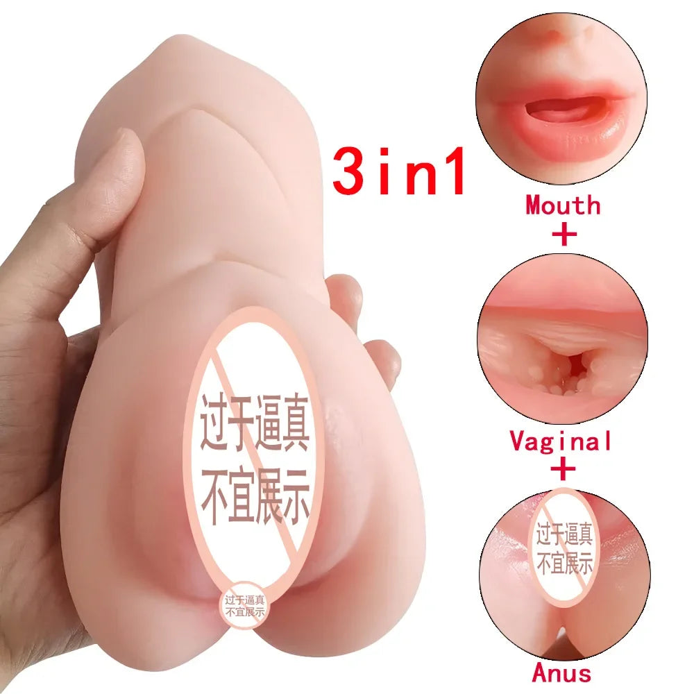 3in1 Mouth Vagina Anal Plug Band Teeth Male Masturbator Airplane Cup Deep Throat Silicone Dildo Moves Masturbation Toys for Men