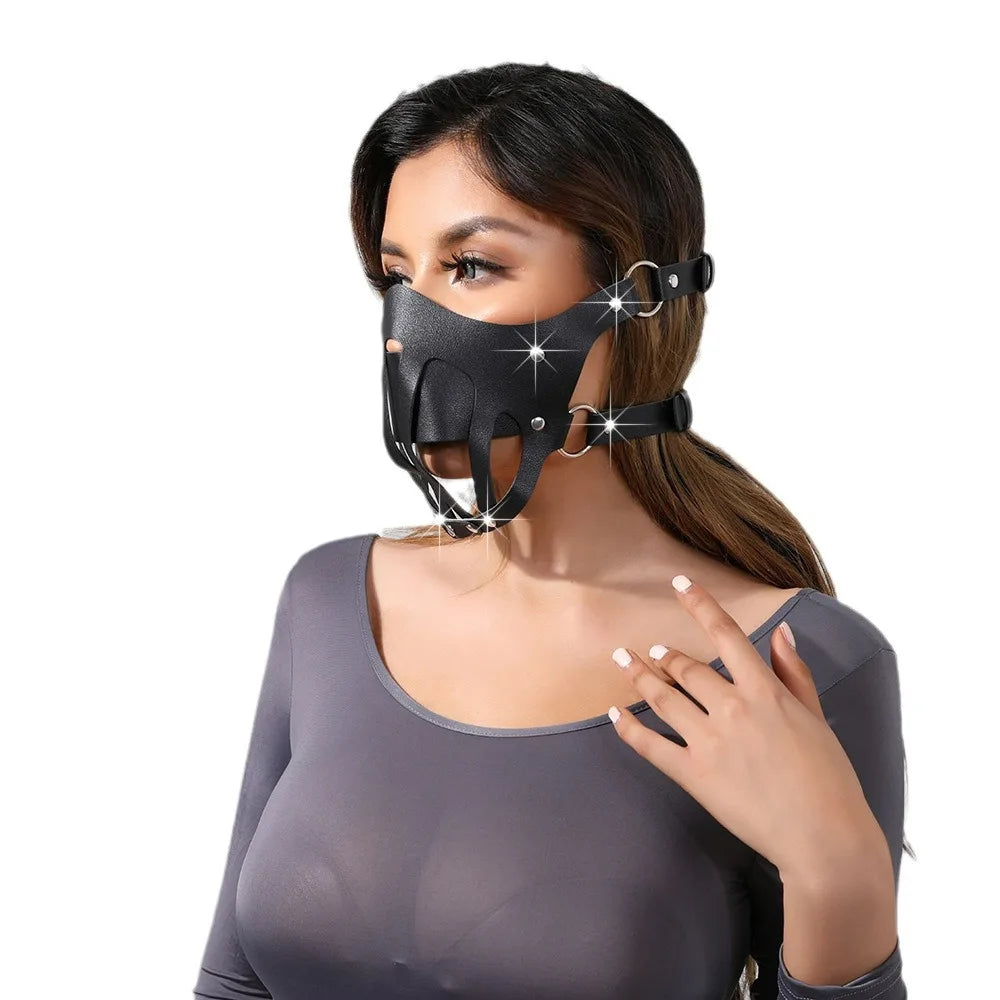 Steam Punk PU Leather Harness Bondage Gag Taste Half Face Mask Restraint Hood Mouth Strap Couple SM Slave Roleplay Adult Toys